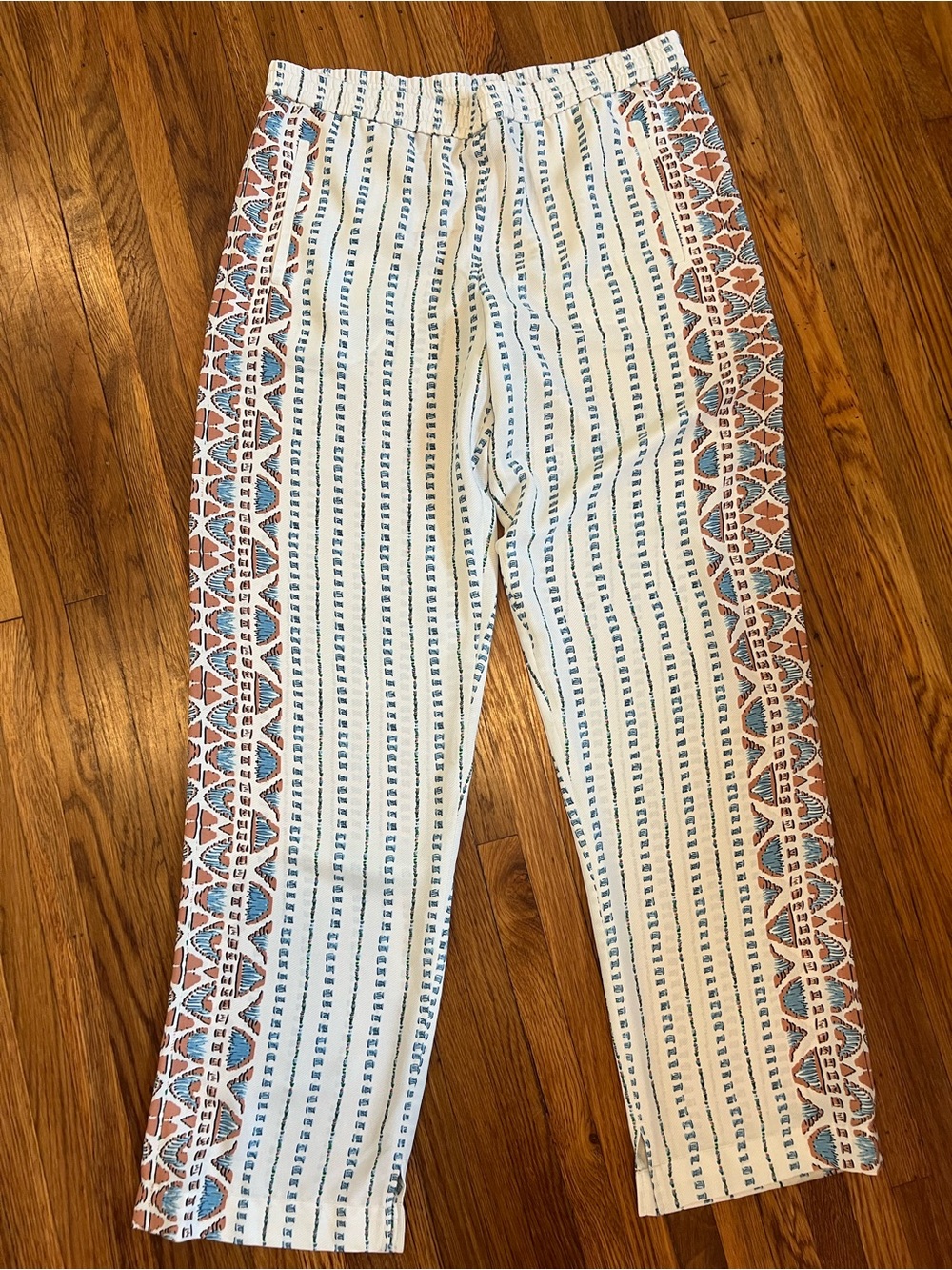 BCBG Maxazria Boho Printed Stripe Crop Pants in Cream & Blue